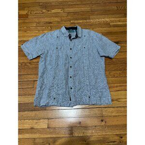 Cubavera Mens 100% Linen Button Up Shirt Sz Large Gray Houndstooth Short Sleeve